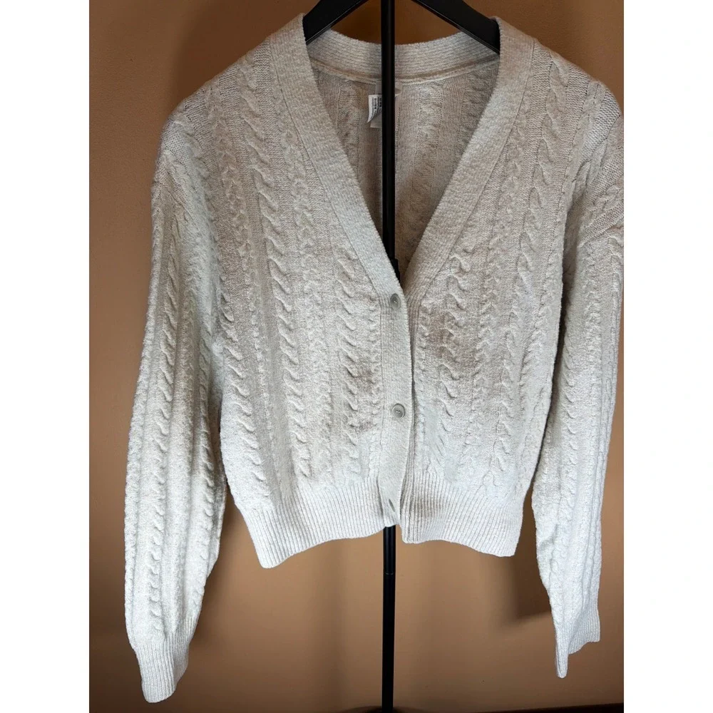 PINK Victoria's Secret Cable Knit Cardigan Sweater Oatmeal Beige V-Neck Womens M